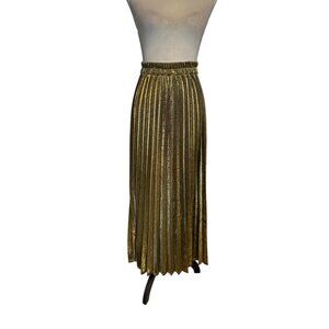 Metallic Gold Olive Green Pleated Maxi Skirt By Chartou Collection Sparkly Sz M
